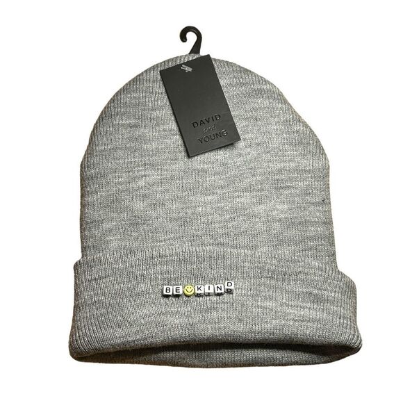 David and Young Be Kind Beaded Light Gray Knit Stretch Beanie Cap Winter Hat NWT - Picture 1 of 13